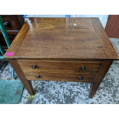 302 - Georgian mahogany pedestal snap top occasional table, brass caps and coasters, and a low side table ... 