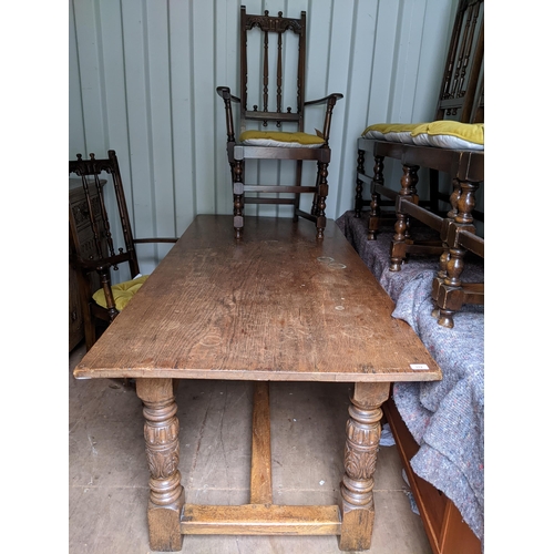 312 - Early to mid century carved oak refectory style dinning table 73x182x82.5cms, a similar oak sideboar... 