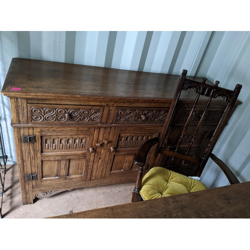 312 - Early to mid century carved oak refectory style dinning table 73x182x82.5cms, a similar oak sideboar... 