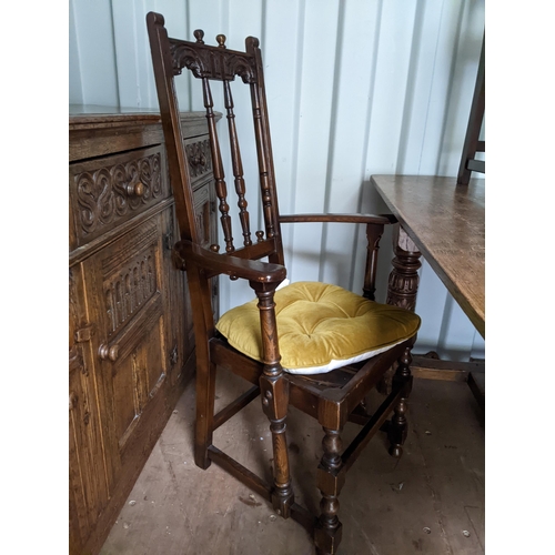 312 - Early to mid century carved oak refectory style dinning table 73x182x82.5cms, a similar oak sideboar... 