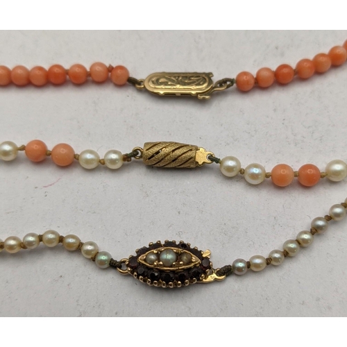 328 - Coral and pearl necklaces, each with 9ct gold clasps Location:CAB1