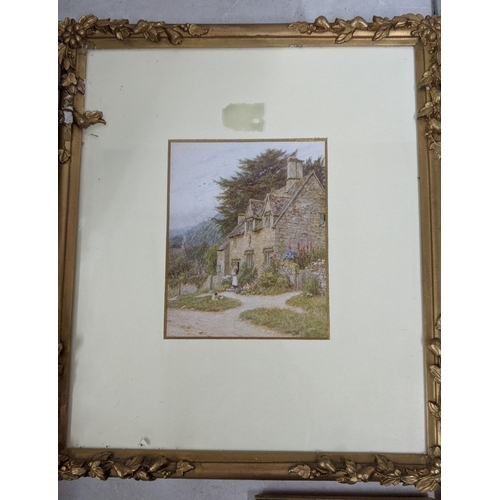 331 - Four framed and glazed prints to include a pair of prints depicting countryside stone houses, one ha... 