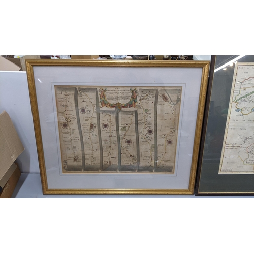 257 - A late 17th century map entitled The Road from London to Yarmouth by John Ogilby, 44.5cm 35cm framed... 