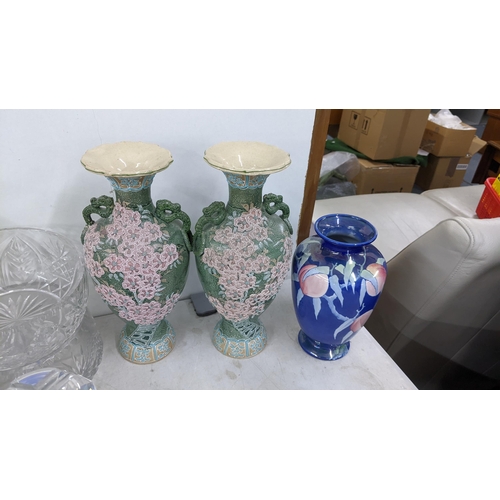 38 - A mixed lot to include a Shelley Peach lustre vase, two Japanese Satsuma vases, cut glass decanters,... 