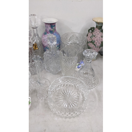 38 - A mixed lot to include a Shelley Peach lustre vase, two Japanese Satsuma vases, cut glass decanters,... 