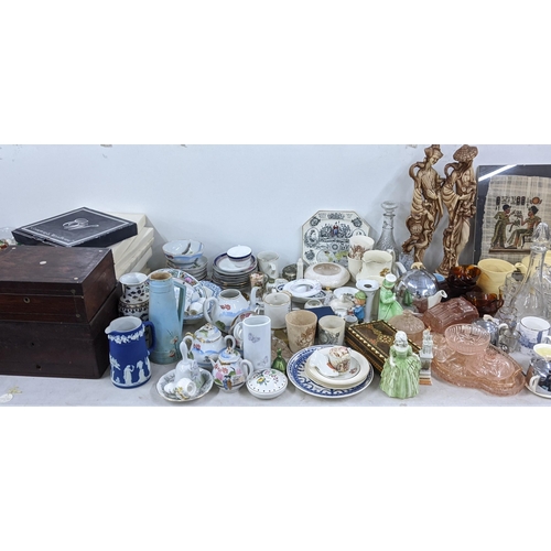 39 - A large mixed lot to include 19th century sewing boxes, Wedgwood Jasperware vase, glassware, Noritak... 