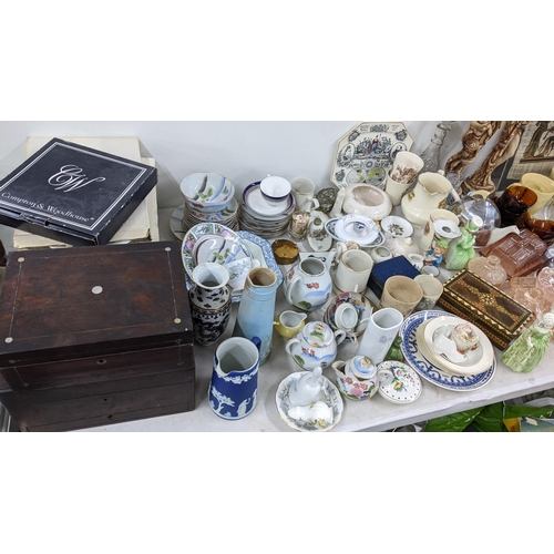 39 - A large mixed lot to include 19th century sewing boxes, Wedgwood Jasperware vase, glassware, Noritak... 