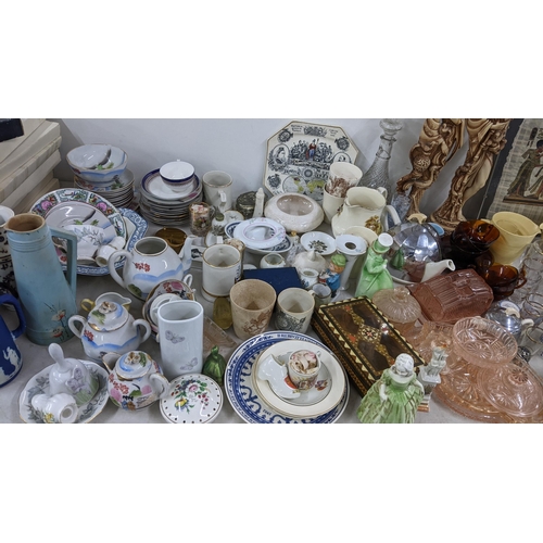 39 - A large mixed lot to include 19th century sewing boxes, Wedgwood Jasperware vase, glassware, Noritak... 