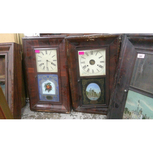 241 - Four American wall clocks, some missing parts, depicting scenes of Crystal Palace, fruit, a stately ... 