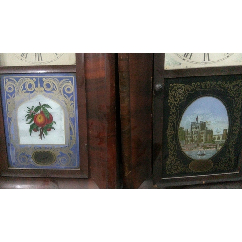 241 - Four American wall clocks, some missing parts, depicting scenes of Crystal Palace, fruit, a stately ... 