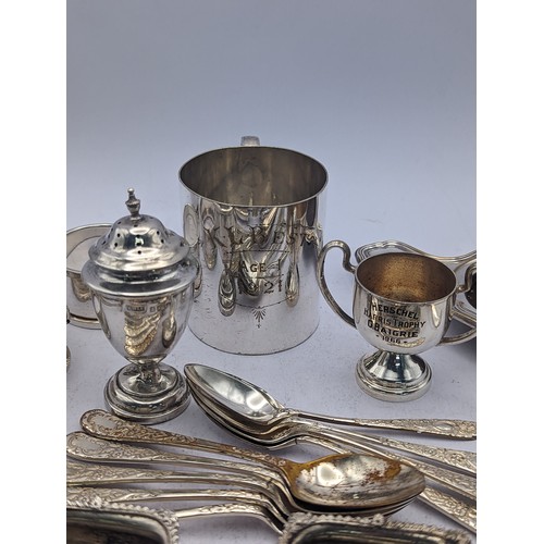 130 - Silver to include two salts, a pepper, three teaspoons, and a napkin ring 159g, and silver plated fl... 