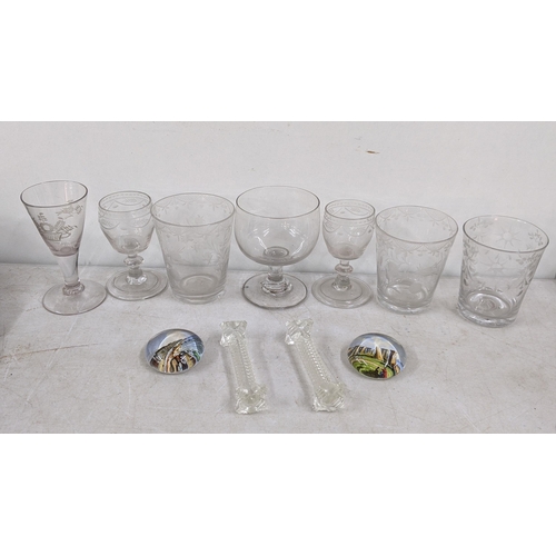 45 - A selection of Georgian and later glasses together with a pair of cutlery rests and two paperweights... 