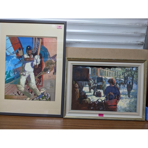 506 - John Chamberlain - Sports Stars - oil painting depicting a cricketer, wind surfer, skiers, and a mot... 