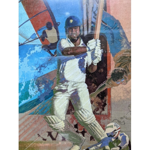 506 - John Chamberlain - Sports Stars - oil painting depicting a cricketer, wind surfer, skiers, and a mot... 