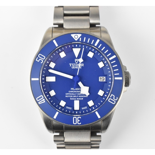 A Tudor Pelagos, Chronometer, self-winding mechanical, gents, titanium cased wristwatch, circa 2017, model 25600TB, serial I630xxx, having a blue bezel and dial, signed 500m, with luminous markers, centre seconds, and date aperture at 3 o'clock, on titanium bracelet, with original box, paperwork, and spare blue strap, 42.5mm