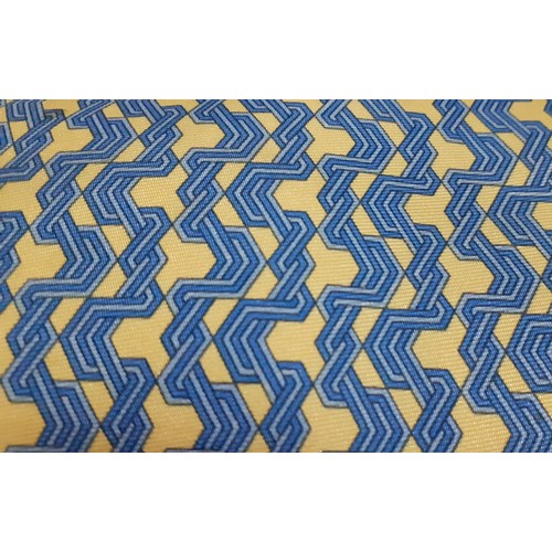 138 - Hermes-A yellow and blue silk tie with geometric pattern and branded iconic orange branded box toget... 