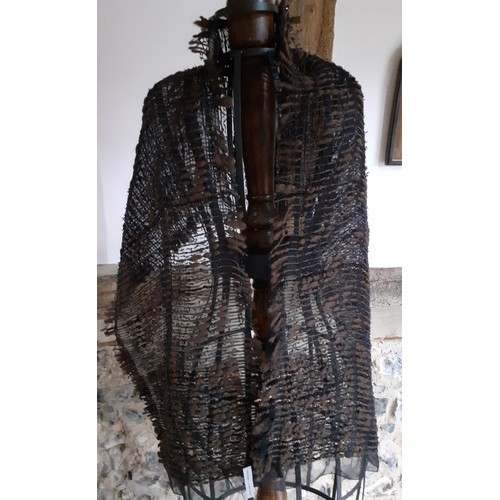 146 - A Giorgio Armani wool and silk mix wrap having a black silk mix sheer ground and interwoven brown an... 