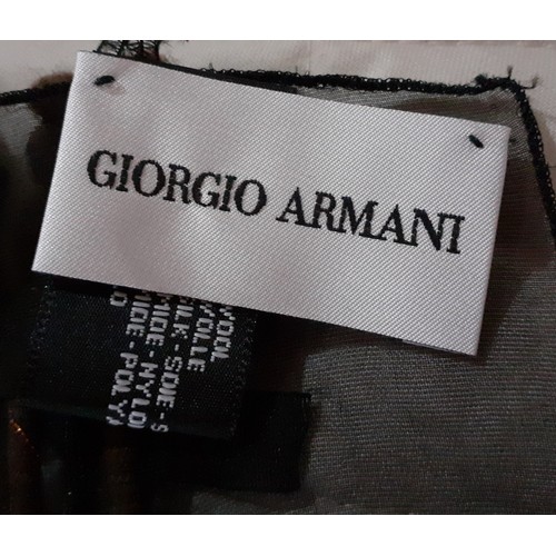 146 - A Giorgio Armani wool and silk mix wrap having a black silk mix sheer ground and interwoven brown an... 