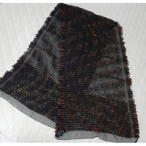 146 - A Giorgio Armani wool and silk mix wrap having a black silk mix sheer ground and interwoven brown an... 