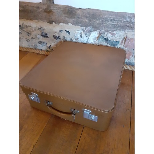 152 - A mid 20th Century brown weekend suitcase and contents to include a leather music satchel, 2 pairs o... 