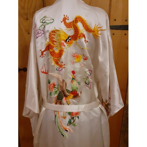 158 - A 20th Century Chinese 'Golden Bee' white silk embroidered kimono style gown with belt, never worn, ... 