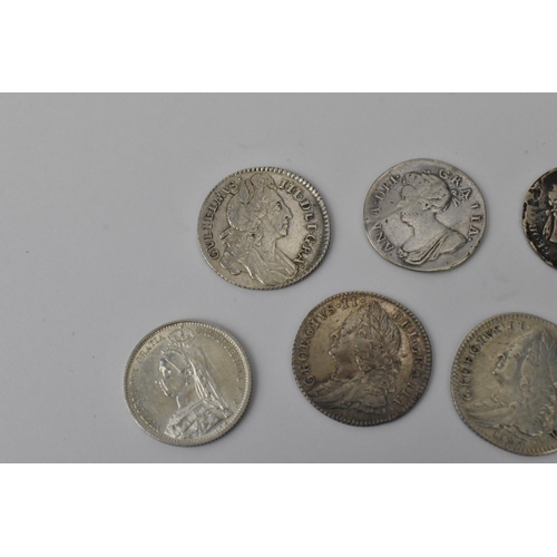 38 - A group of mixed silver Sixpence to include William III 1696, Anne 1709, George II 1746 and 1758, Ge... 
