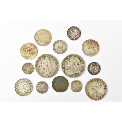 48 - Mixed British Silver coinage to include a George III 1816 Sixpence, Victoria 1890 and 1900 Half Crow... 