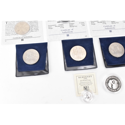 76 - Mixed silver proof coins to include three Damon Hill Republic of Liberia $5 with Certificates and 19... 