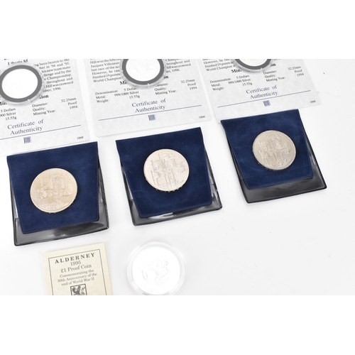 76 - Mixed silver proof coins to include three Damon Hill Republic of Liberia $5 with Certificates and 19... 