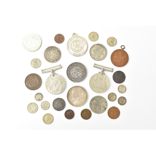 93 - A mixed collection of Victorian Silver and other coinage to include an 1882 'Morgan' Dollar, One Yen... 