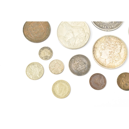 93 - A mixed collection of Victorian Silver and other coinage to include an 1882 'Morgan' Dollar, One Yen... 