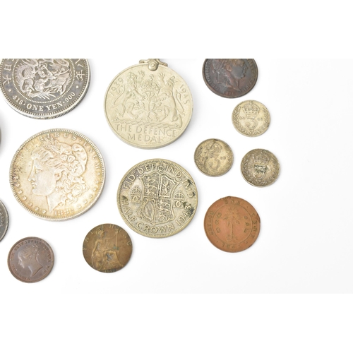 93 - A mixed collection of Victorian Silver and other coinage to include an 1882 'Morgan' Dollar, One Yen... 