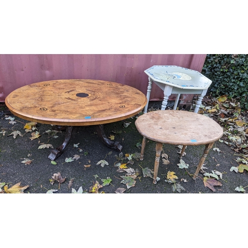 338 - A Victorian and later walnut oval topped table together with a painted octagonal topped table and an... 