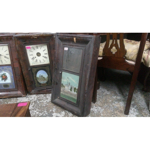 409 - A selection of wall clocks to include four American wall clocks, some missing parts, depicting scene... 