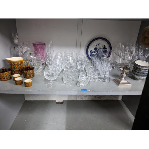 413 - A mixed lot of glass and ceramics and other items to include Stuart crystal brandy glasses, Waterfor... 