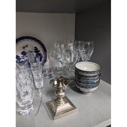 413 - A mixed lot of glass and ceramics and other items to include Stuart crystal brandy glasses, Waterfor... 