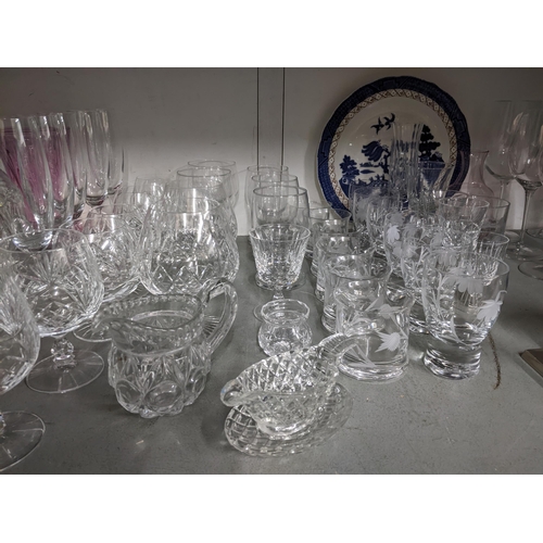 413 - A mixed lot of glass and ceramics and other items to include Stuart crystal brandy glasses, Waterfor... 