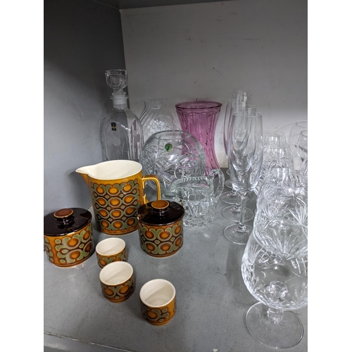 413 - A mixed lot of glass and ceramics and other items to include Stuart crystal brandy glasses, Waterfor... 