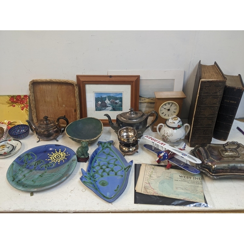 319 - Mixed items to include a three piece tea set and silver plated entree dish, studio potter, bibles an... 