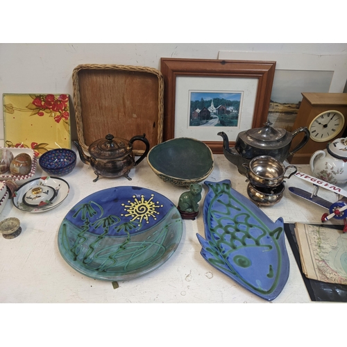 319 - Mixed items to include a three piece tea set and silver plated entree dish, studio potter, bibles an... 