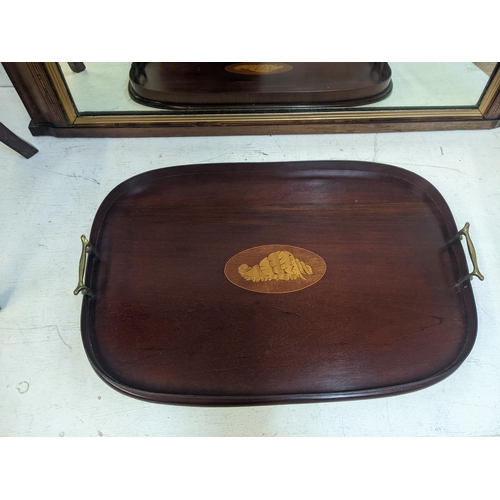 423 - Edwardian inlaid mahogany furniture to include a twin handled tray, an overmantel mirror and a plant... 