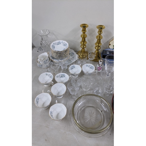 443 - A mixed lot to include cut glassware, Royal Albert Silver Maple pattern part tea service, brass cand... 