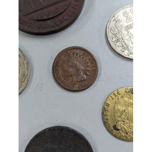 429 - A mixed group of coins of interest to include 1933 Palestine 10 mils, 1887 Victoria Jubilee Year Shi... 