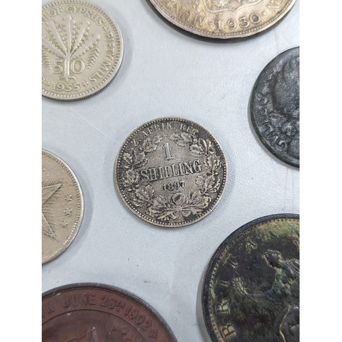 429 - A mixed group of coins of interest to include 1933 Palestine 10 mils, 1887 Victoria Jubilee Year Shi... 