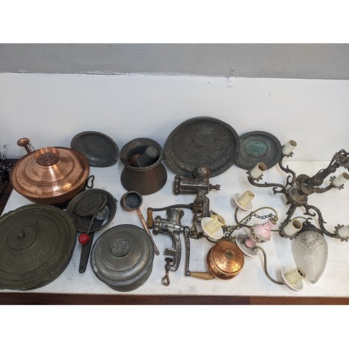 421 - Early 20th century Turkish cooking ware to include copper tureens, metal sieve, lidded pots and othe... 