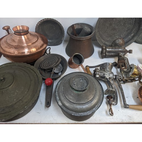 421 - Early 20th century Turkish cooking ware to include copper tureens, metal sieve, lidded pots and othe... 