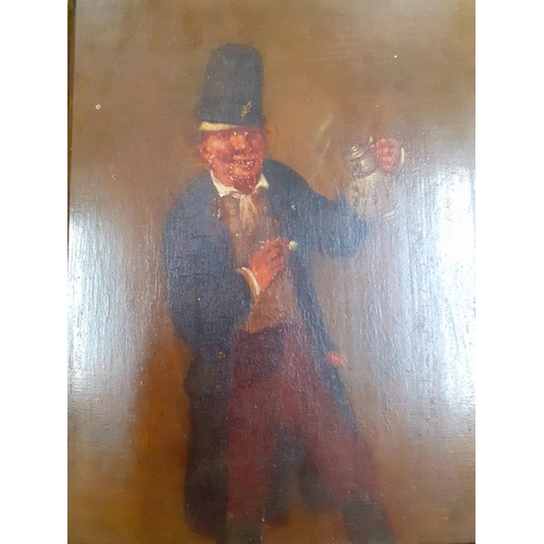 450 - A late 19th/early 20th century oil on board of a lively gent drinking his beer, mounted in an ornate... 