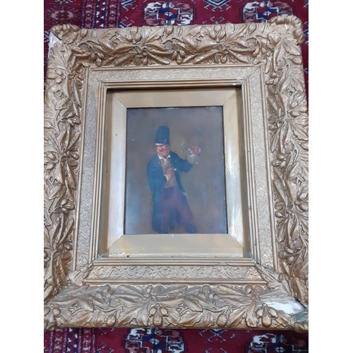 450 - A late 19th/early 20th century oil on board of a lively gent drinking his beer, mounted in an ornate... 