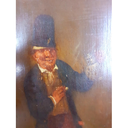 450 - A late 19th/early 20th century oil on board of a lively gent drinking his beer, mounted in an ornate... 