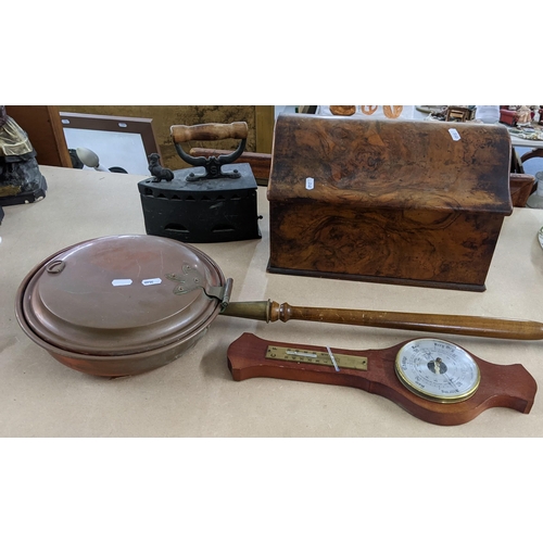 455 - A mixed lot to include a 19th century cast iron coal iron, burr walnut box, barometer, and a warming... 